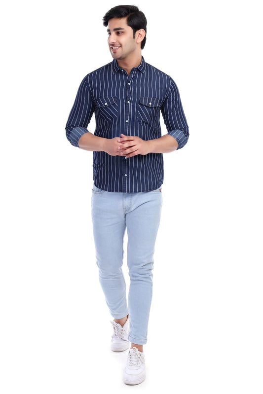 Al Bahar Men's Lightweight Denim Strip Shirt - Blue, Striped Printed Shirt - Prefect for Festival, Party & Wedding