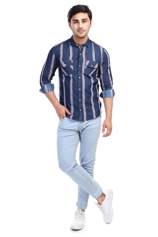 Al Bahar Men's Lightweight Denim Strip Shirt - Blue, Striped Printed Shirt - Prefect for Festival, Party & Wedding