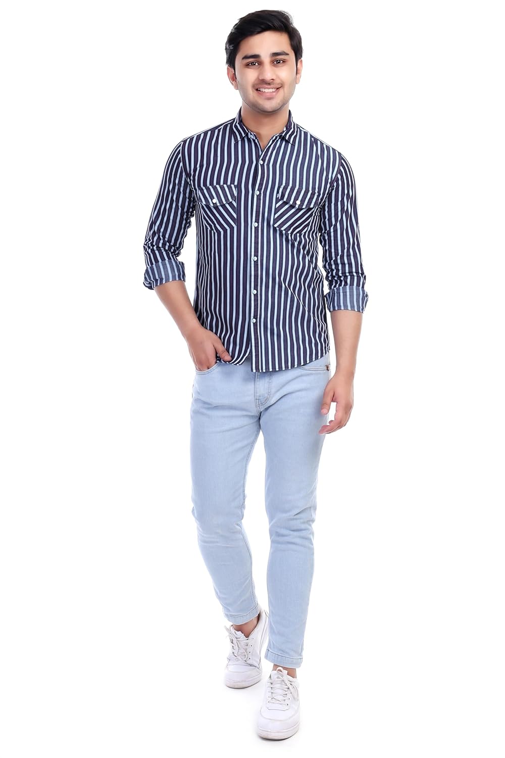 Al Bahar Men's Lightweight Denim Strip Shirt - Blue, Striped Printed Shirt - Prefect for Festival, Party & Wedding