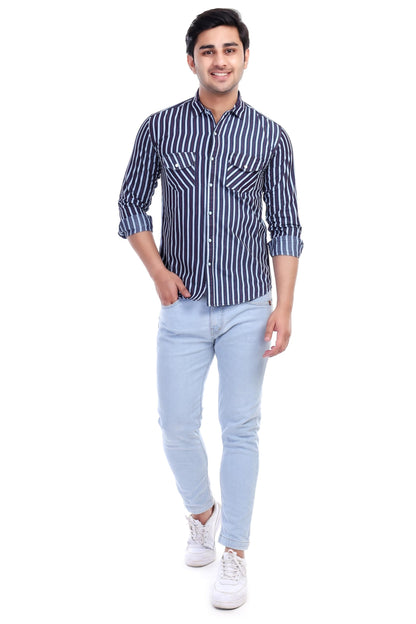 Al Bahar Men's Lightweight Denim Strip Shirt - Blue, Striped Printed Shirt - Prefect for Festival, Party & Wedding
