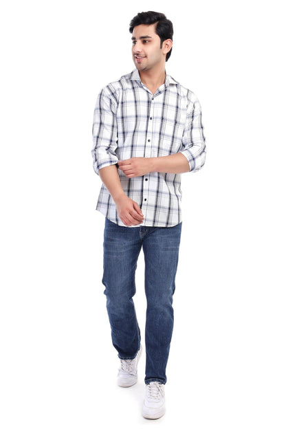 White Al Bahar Men's Lightweight Lilan Check Shirt - Checks Full Sleeve Shirt - Prefect for Festival, Party & Wedding