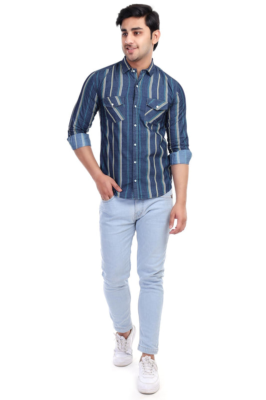 Al Bahar Men's Lightweight Denim Strip Shirt - Blue, Striped Printed Shirt - Prefect for Festival, Party & Wedding