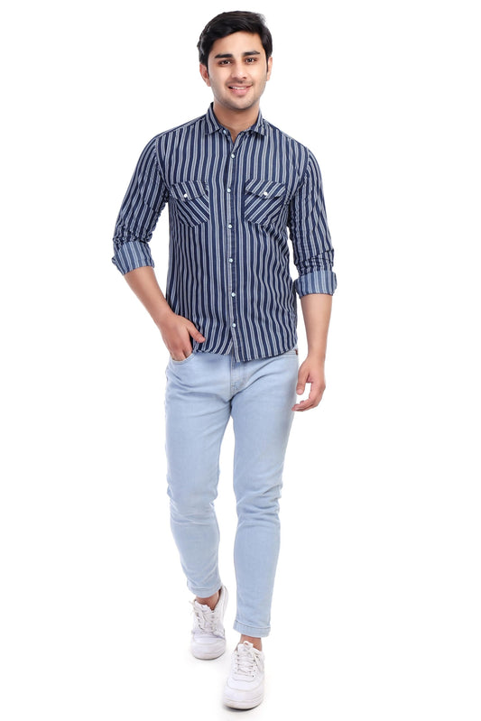 Al Bahar Men's Lightweight Denim Strip Shirt - Blue, Striped Printed Shirt - Prefect for Festival, Party & Wedding