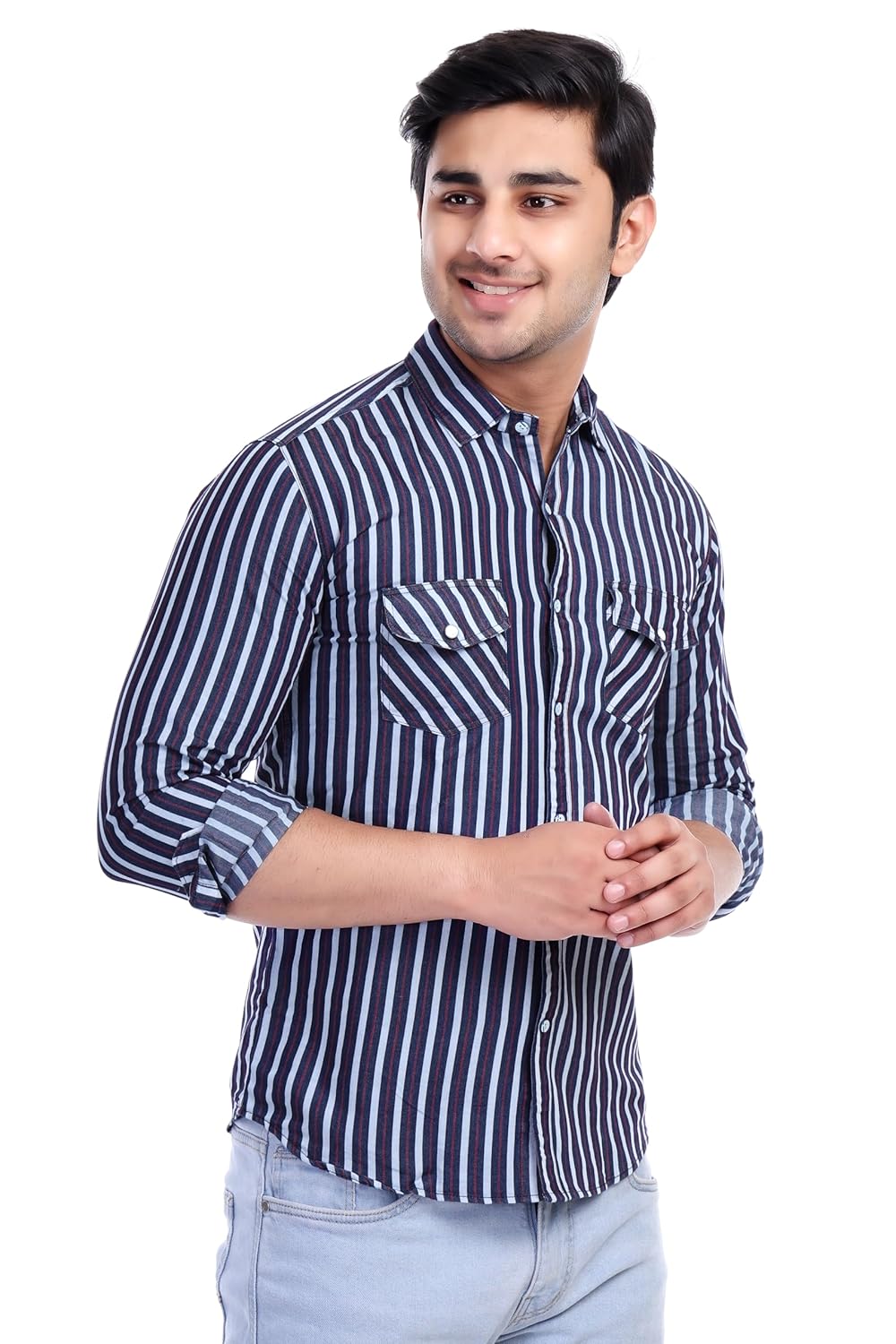 Al Bahar Men's Lightweight Denim Strip Shirt - Blue, Striped Printed Shirt - Prefect for Festival, Party & Wedding