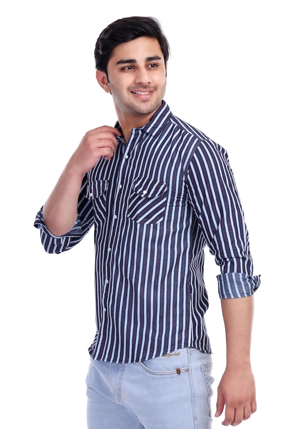Al Bahar Men's Lightweight Denim Strip Shirt - Blue, Striped Printed Shirt - Prefect for Festival, Party & Wedding