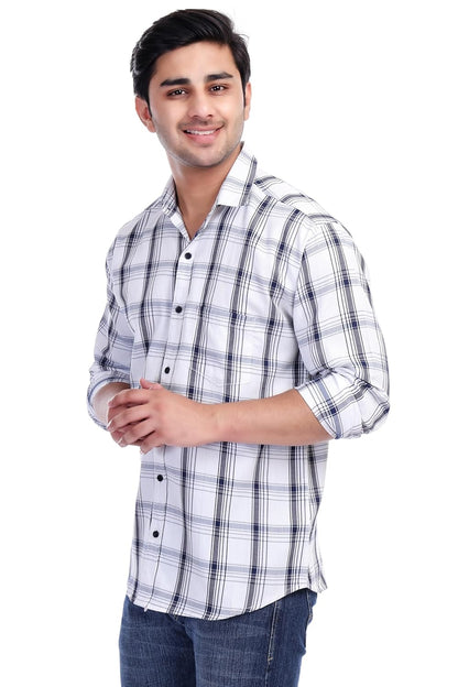 White Al Bahar Men's Lightweight Lilan Check Shirt - Checks Full Sleeve Shirt - Prefect for Festival, Party & Wedding