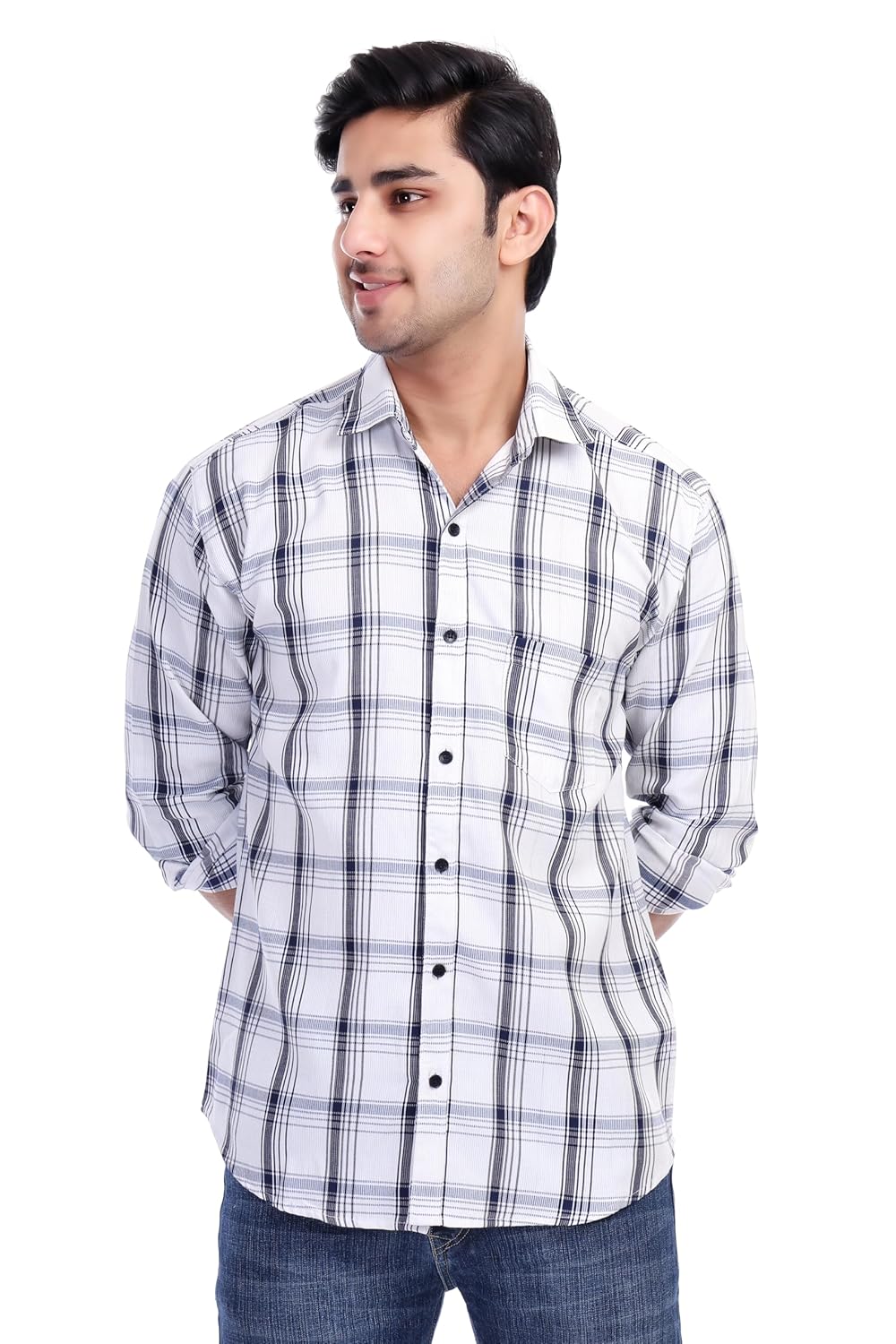 White Al Bahar Men's Lightweight Lilan Check Shirt - Checks Full Sleeve Shirt - Prefect for Festival, Party & Wedding