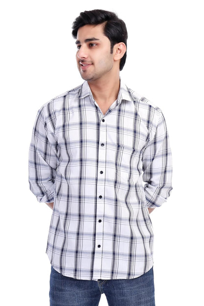 White Al Bahar Men's Lightweight Lilan Check Shirt - Checks Full Sleeve Shirt - Prefect for Festival, Party & Wedding