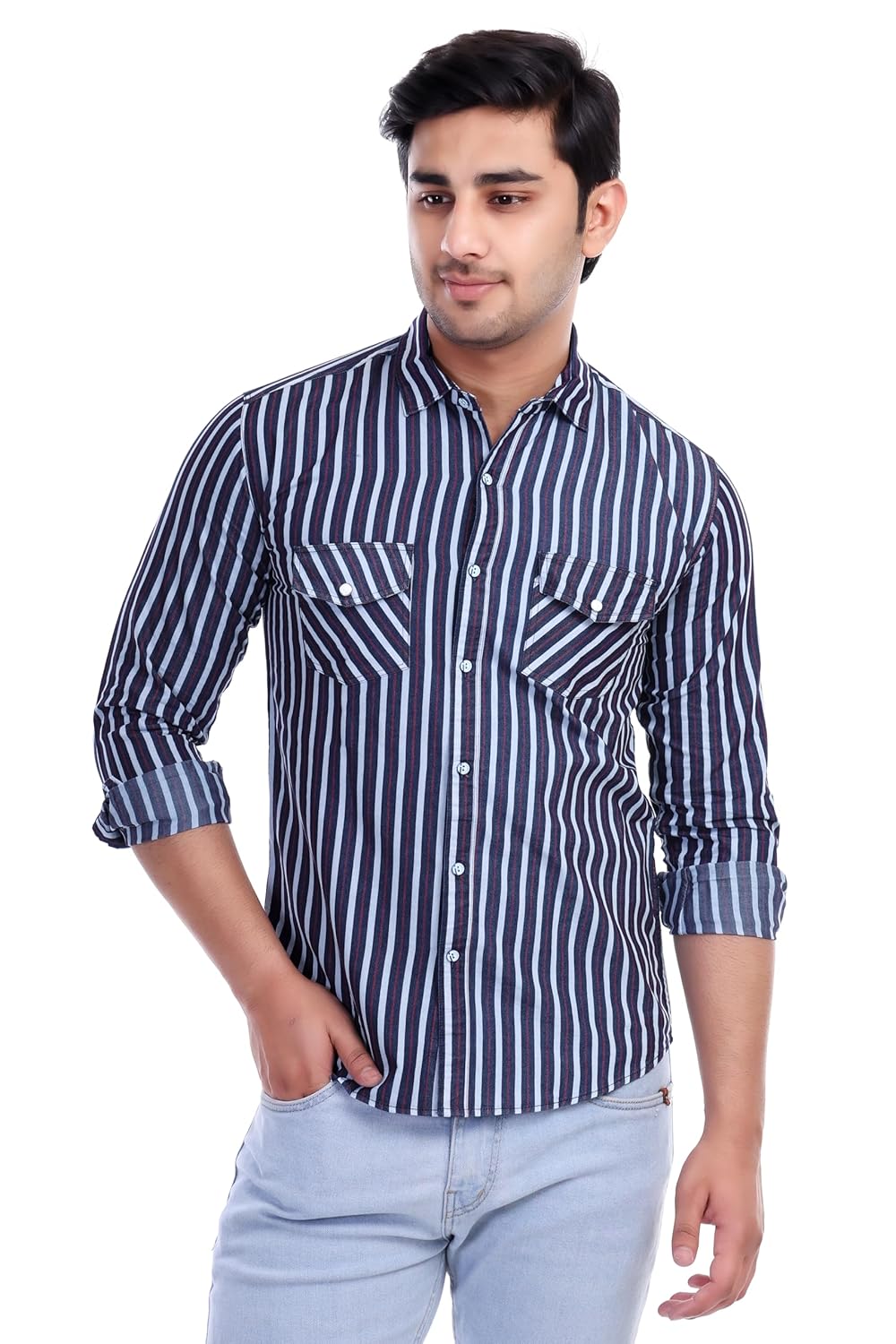 Al Bahar Men's Lightweight Denim Strip Shirt - Blue, Striped Printed Shirt - Prefect for Festival, Party & Wedding