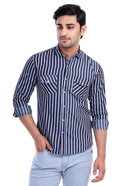 Al Bahar Men's Lightweight Denim Strip Shirt - Blue, Striped Printed Shirt - Prefect for Festival, Party & Wedding