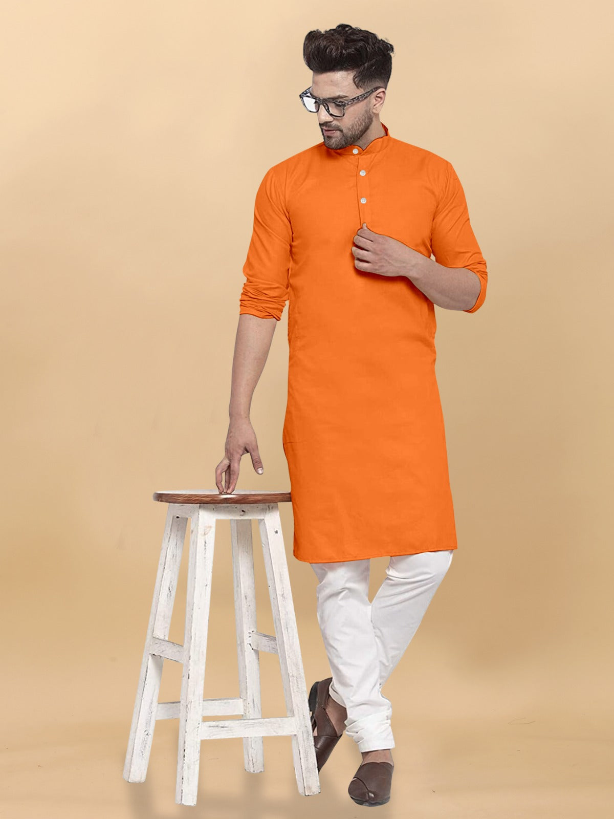 Orange Al Bahar Mens Cotton Casual Wear Modern Kurta for Everyday Use Puja Outfit Kurta |Kurta for Boys